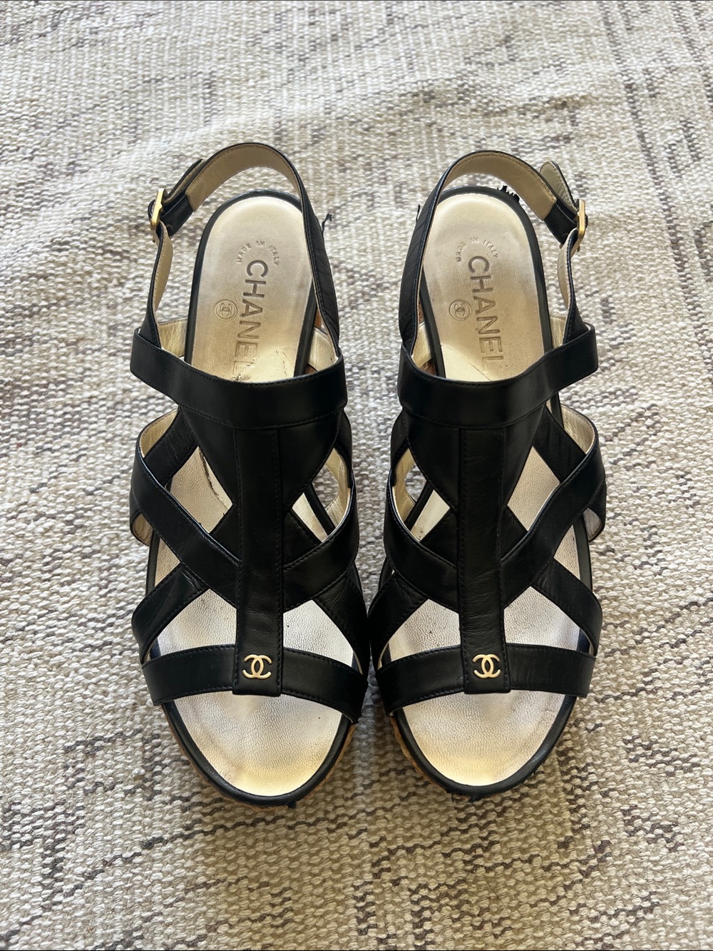 CHANEL Black Leather Crisscross Slingback Sandals with Gold CC